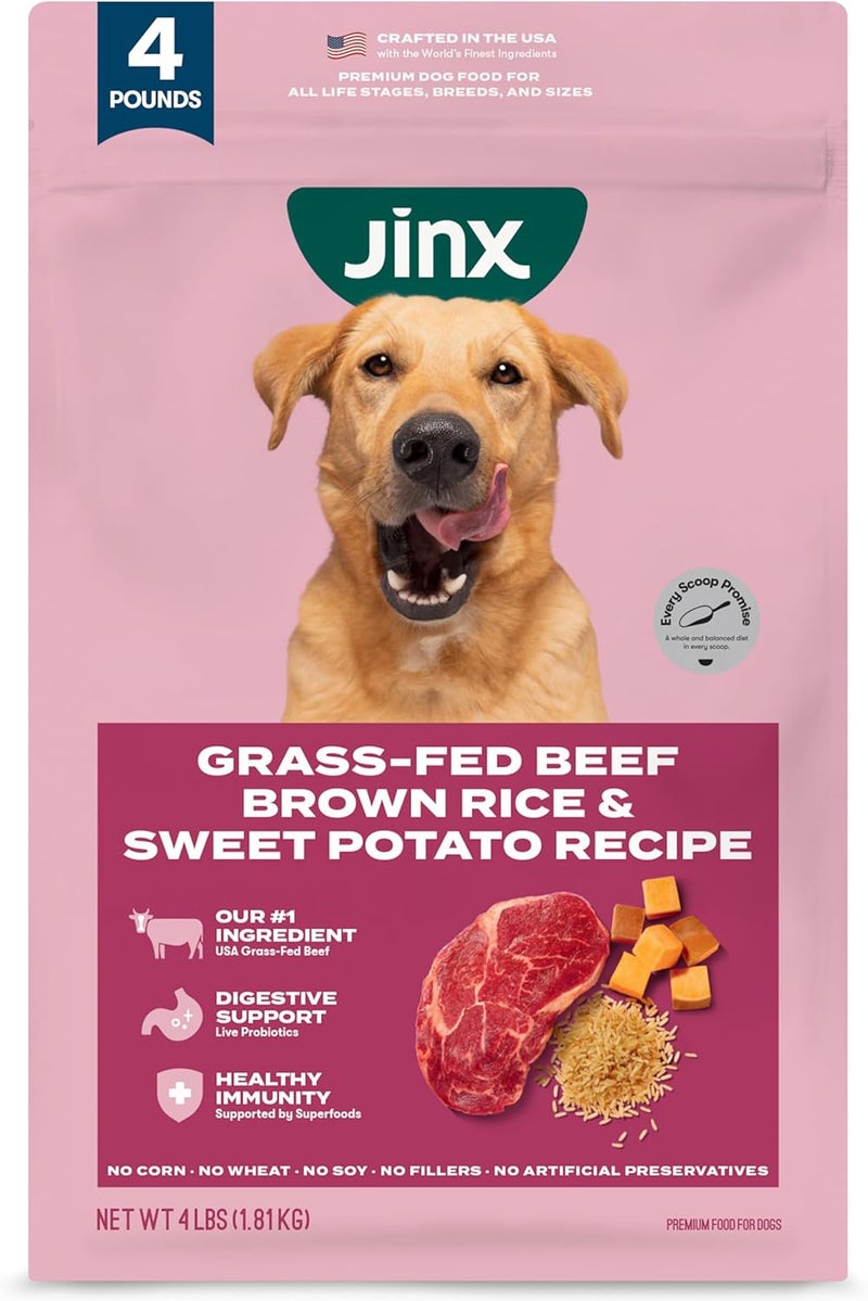 Jinx Premium Dry Dog Food, Real Beef, Brown Rice & Sweet Potato Kibble with Superfoods & Probiotics, No Fillers, for All Lifestages, 4lb - Image 1
