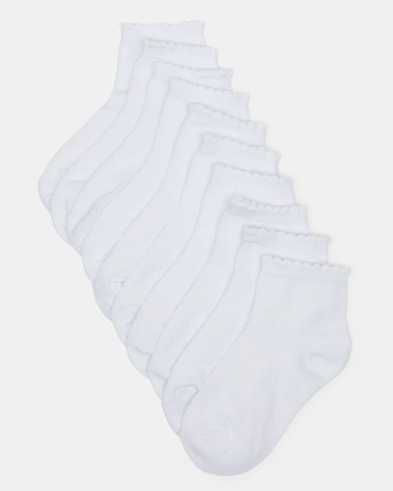 Redtag Girls White High Ankle Socks With Scallop Edge Welt(10 Pairs)