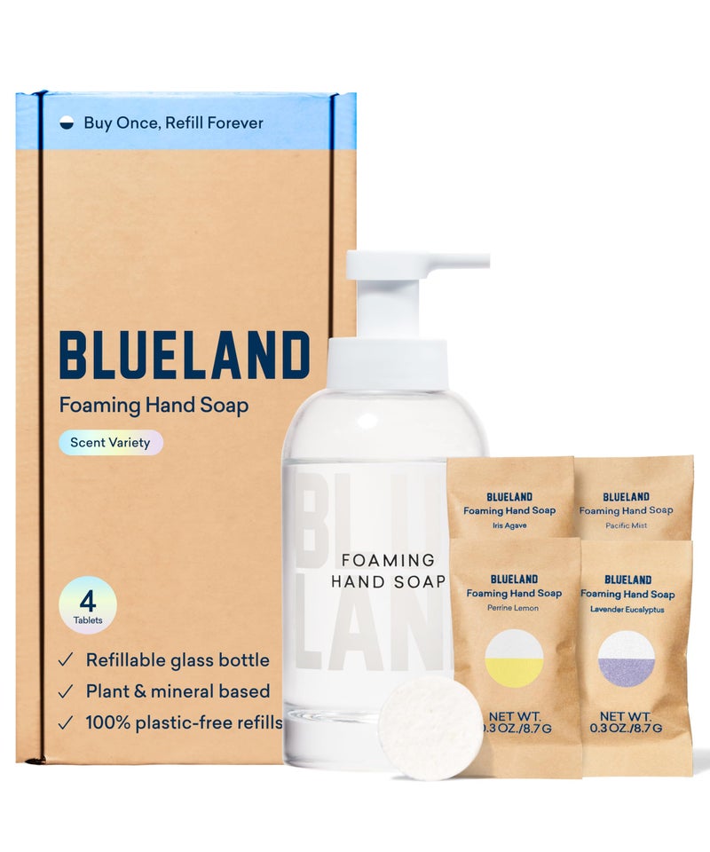 BLUELAND Hand Soap Starter Set 1 Refillable Glass Foaming Hand Soap Dispenser with 4 Refill Tablets Variety Scents 4 x 9 Fl oz