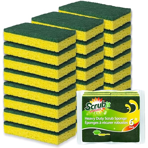 SCRUBIT Heavy Duty Scrub Sponges - Dishwashing Sponge Along with A Tough Scouring Pad - Ideal for Cleaning Kitchen, Dishes, Bathroom - Yellow - 24 Dish sponges - Image 1