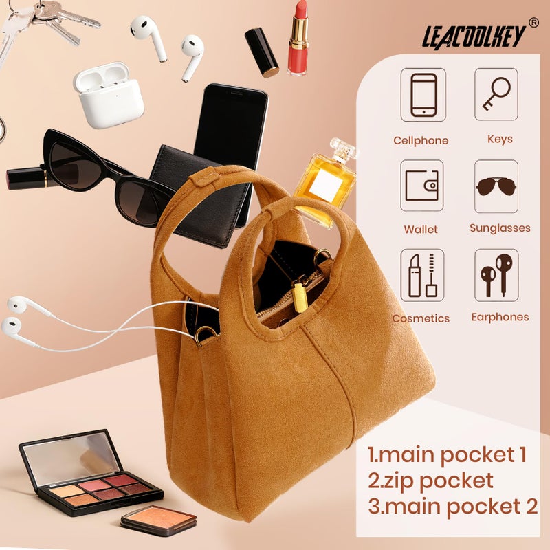 LEACOOLKEY Women's Suede Bag Small Top Handle Handbag Satchel Purse for Women Trendy Designer Shoulder Handbag - Image 5