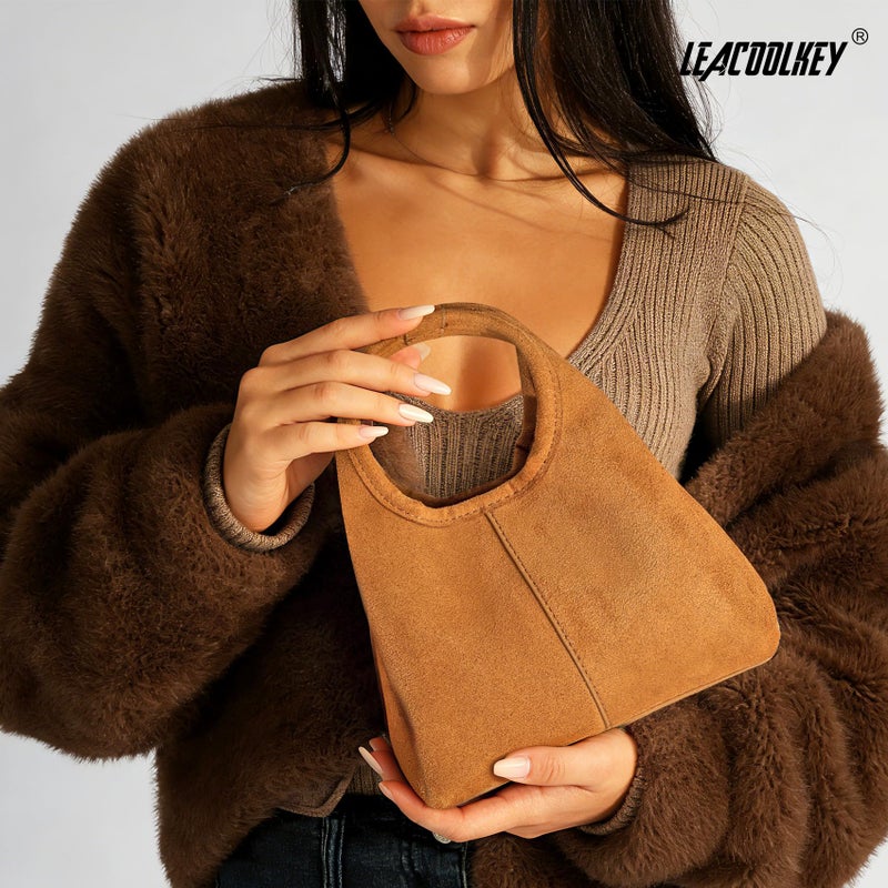 LEACOOLKEY Women's Suede Bag Small Top Handle Handbag Satchel Purse for Women Trendy Designer Shoulder Handbag - Image 3
