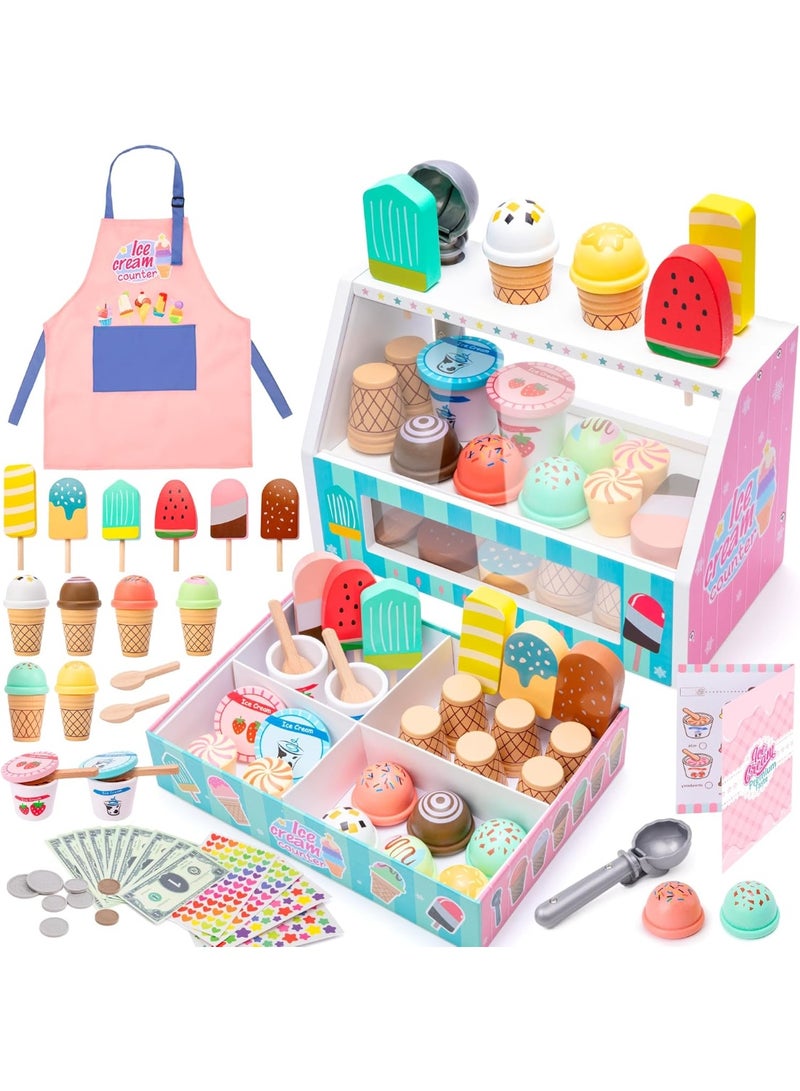 LBMT Wooden Ice Cream Counter with Aprons Playset for Toddler, Play Store Pretend Toy Food Play Kitchen Accessories with Fake Money & Coin,Play Ice Cream Scoop and Serve,Wooden Play Store Toys for Toddlers, Kids Toys & Gift for Girls Boys Age 3+ Years Old - Image 1