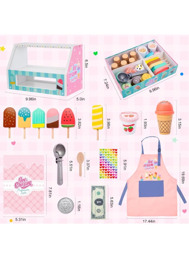 LBMT Wooden Ice Cream Counter with Aprons Playset for Toddler, Play Store Pretend Toy Food Play Kitchen Accessories with Fake Money & Coin,Play Ice Cream Scoop and Serve,Wooden Play Store Toys for Toddlers, Kids Toys & Gift for Girls Boys Age 3+ Years Old - Image 2