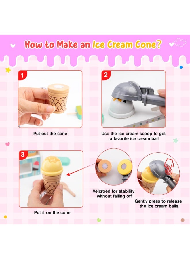 LBMT Wooden Ice Cream Counter with Aprons Playset for Toddler, Play Store Pretend Toy Food Play Kitchen Accessories with Fake Money & Coin,Play Ice Cream Scoop and Serve,Wooden Play Store Toys for Toddlers, Kids Toys & Gift for Girls Boys Age 3+ Years Old - Image 4