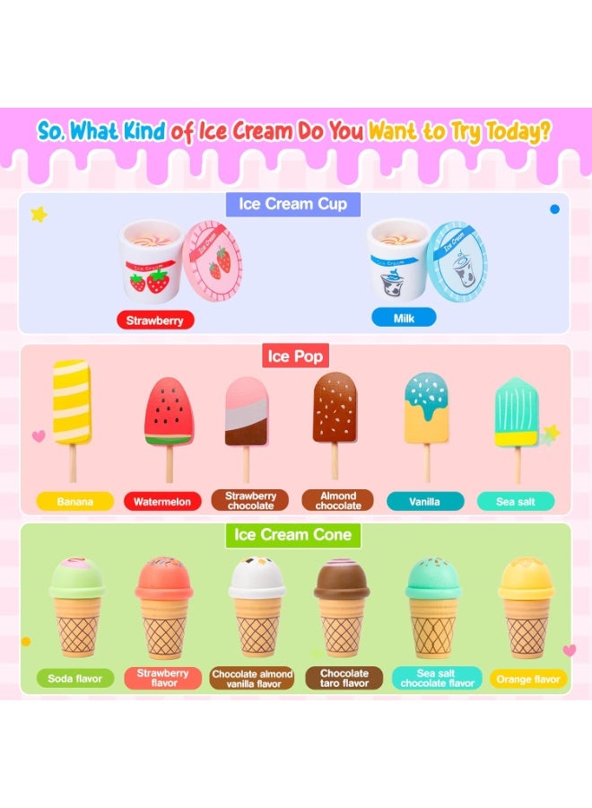 LBMT Wooden Ice Cream Counter with Aprons Playset for Toddler, Play Store Pretend Toy Food Play Kitchen Accessories with Fake Money & Coin,Play Ice Cream Scoop and Serve,Wooden Play Store Toys for Toddlers, Kids Toys & Gift for Girls Boys Age 3+ Years Old - Image 3