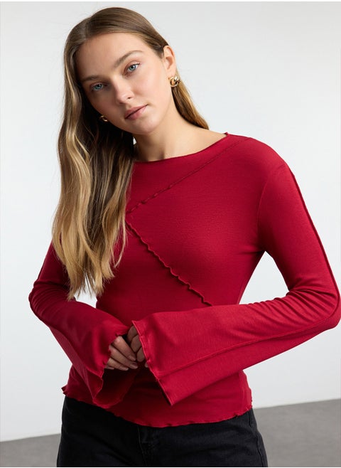 Claret Red Ribbed Detailed Fitted/Fits the Body Spanish Sleeve Knitted Blouse TWOAW25BZ00244