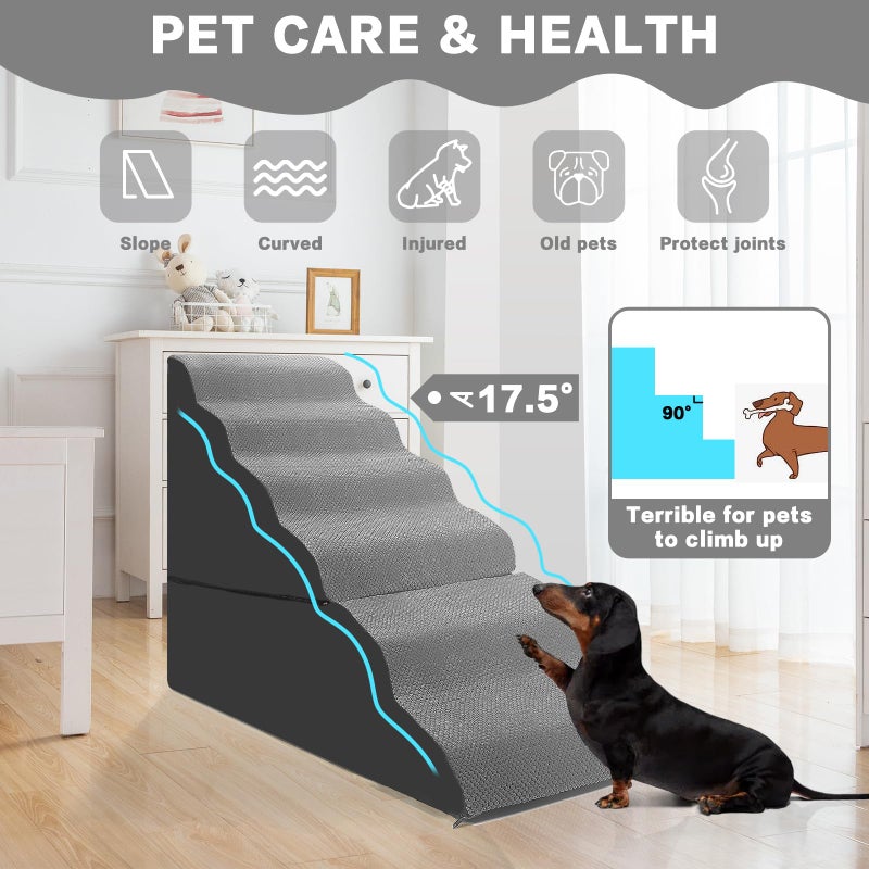 MALOROY Dog Stairs for High Beds 30-36 inches Tall, 6-Step Dog Steps for Bed 32-36 inches for Small Large Dogs, Doggie Ramp for Bed, 30D Foam Pet Stairs for Old Dogs/Cats, Free-Installation, Grey - Image 4