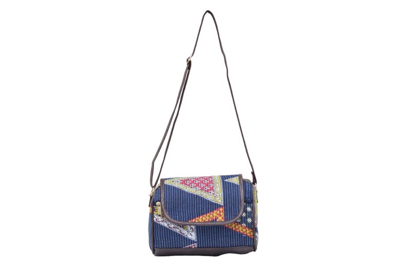 SHIVKARI Women's Ladies Ikkat Cotton Fabric Classical and Fashionable Flap Duffle Sling Bag l Navy Blue - Image 1