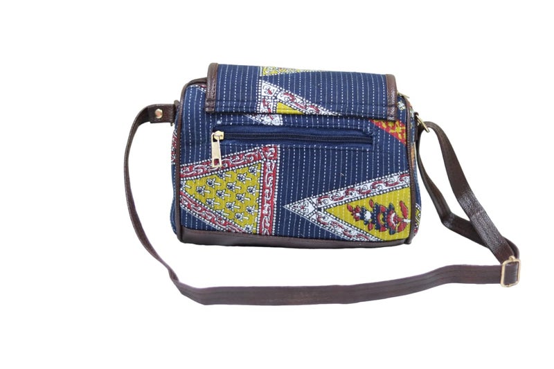 SHIVKARI Women's Ladies Ikkat Cotton Fabric Classical and Fashionable Flap Duffle Sling Bag l Navy Blue - Image 2