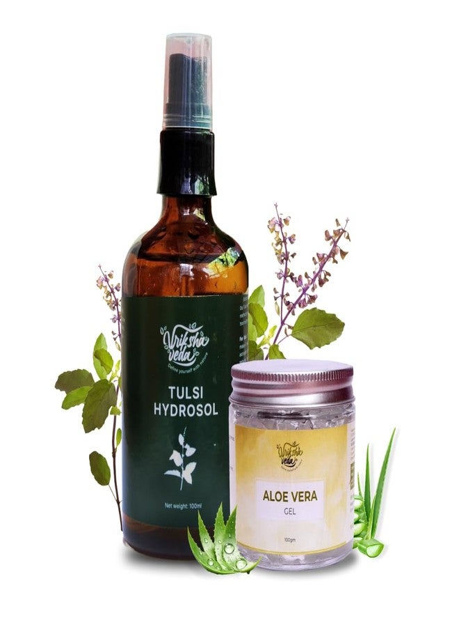 Vriksha Veda Acne Healing Combo I Tulsi Hydrosol/Holy Basil Hydrosol (100 ml) and Pure Aloe Vera Gel (100 gms) I Suitable for all skin types - Image 1
