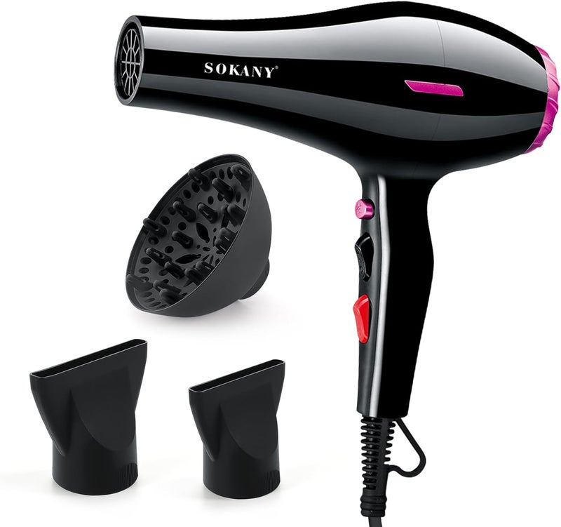 SOKANY Professional Hair Dryer 2400W Ionic Hairdryer AC Motor Blue Light Anion with 1 Diffuser 2 Nozzles Accessories 2 Speeds 2 Heat Settings for Women Men Home Salon - Image 1