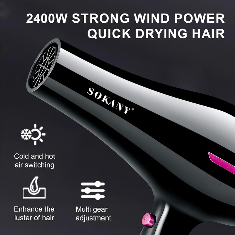 SOKANY Professional Hair Dryer 2400W Ionic Hairdryer AC Motor Blue Light Anion with 1 Diffuser 2 Nozzles Accessories 2 Speeds 2 Heat Settings for Women Men Home Salon - Image 4