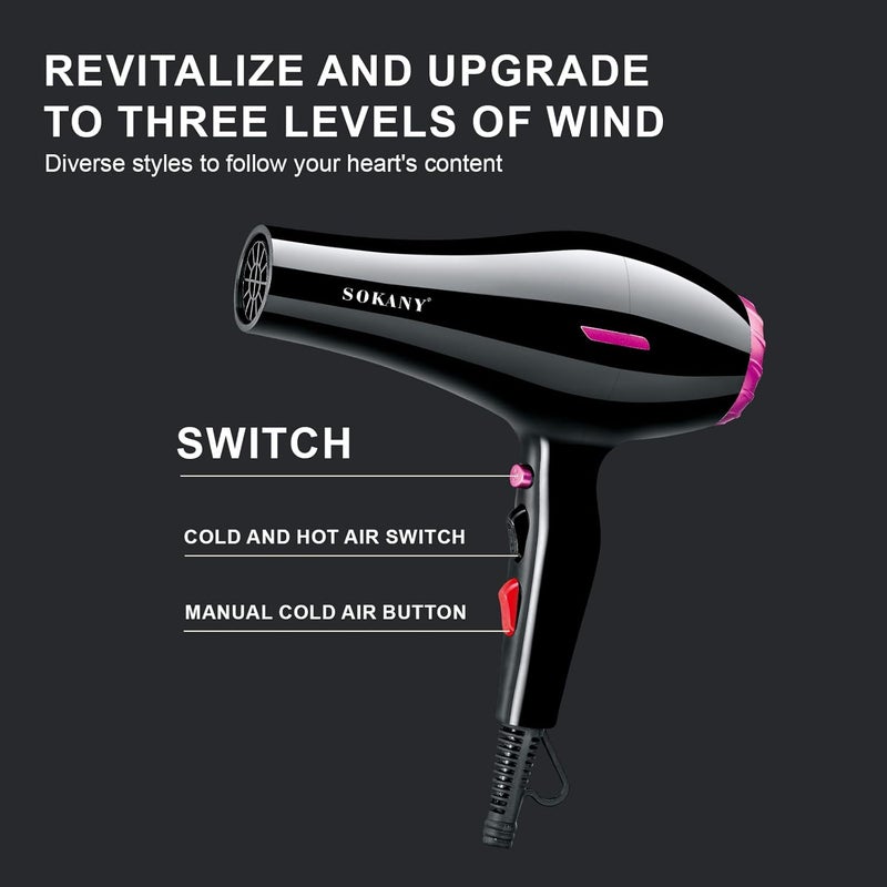 SOKANY Professional Hair Dryer 2400W Ionic Hairdryer AC Motor Blue Light Anion with 1 Diffuser 2 Nozzles Accessories 2 Speeds 2 Heat Settings for Women Men Home Salon - Image 3