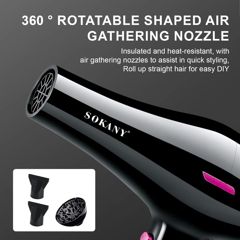 SOKANY Professional Hair Dryer 2400W Ionic Hairdryer AC Motor Blue Light Anion with 1 Diffuser 2 Nozzles Accessories 2 Speeds 2 Heat Settings for Women Men Home Salon - Image 2
