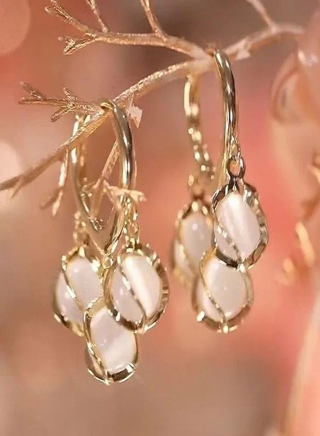 LA BELLEZA Girl's Glimmering Fusion Cat's Eye Ball And Opal Dangle Hoop Earrings (Rose Gold) - Image 3