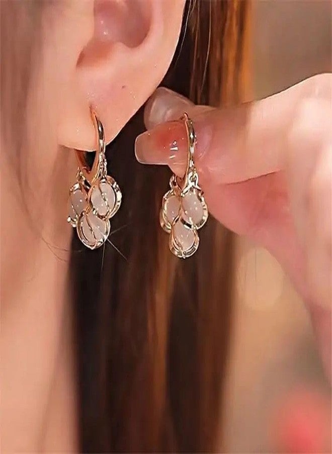 LA BELLEZA Girl's Glimmering Fusion Cat's Eye Ball And Opal Dangle Hoop Earrings (Rose Gold) - Image 2