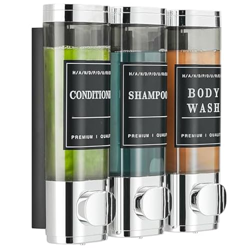 Cabo Deseado Shower Soap Dispenser Wall Mounted No Drill Shampoo Dispenser for Shower Wall Shampoo and Conditioner Dispenser Bathroom Hotel 3 * 300ml Chrome with Labels - Image 1