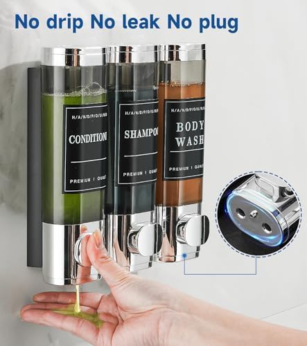 Cabo Deseado Shower Soap Dispenser Wall Mounted No Drill Shampoo Dispenser for Shower Wall Shampoo and Conditioner Dispenser Bathroom Hotel 3 * 300ml Chrome with Labels - Image 4
