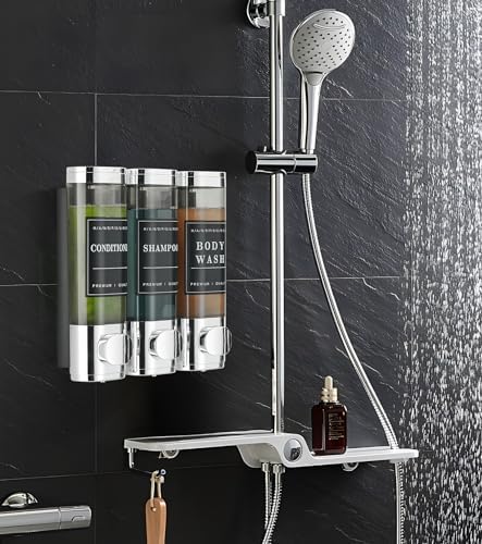 Cabo Deseado Shower Soap Dispenser Wall Mounted No Drill Shampoo Dispenser for Shower Wall Shampoo and Conditioner Dispenser Bathroom Hotel 3 * 300ml Chrome with Labels - Image 2