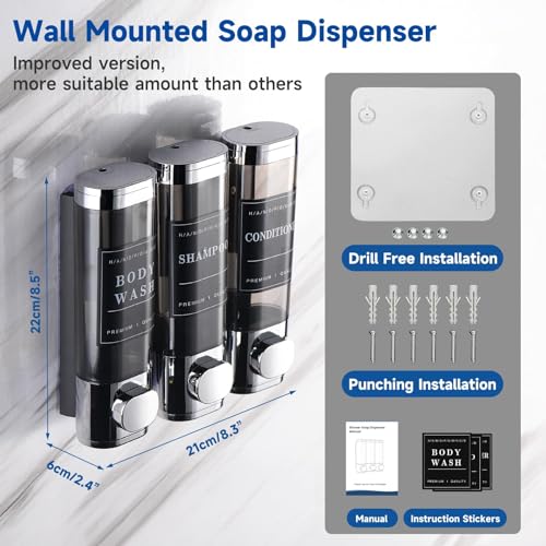 Cabo Deseado Shower Soap Dispenser Wall Mounted No Drill Shampoo Dispenser for Shower Wall Shampoo and Conditioner Dispenser Bathroom Hotel 3 * 300ml Chrome with Labels - Image 5