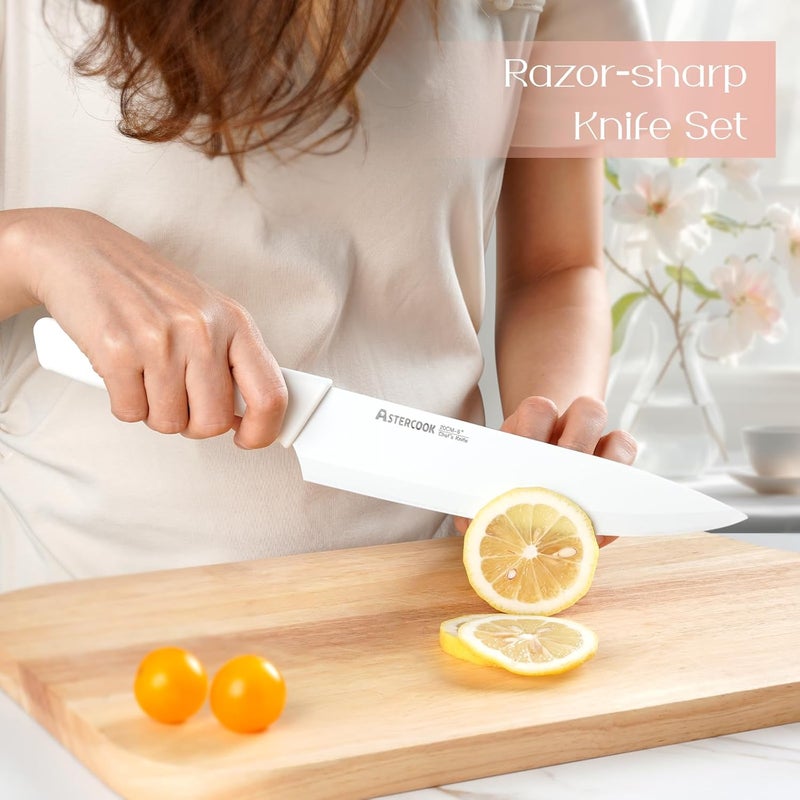 Astercook Knife Set for Kitchen 15 Piece with Block and Sharpener Kitchen Knives with Ceramic Coating Sharp Blade Dishwasher Safe Deba Knives with Anti-slip Ergonomic Handle, Elegant White - Image 3