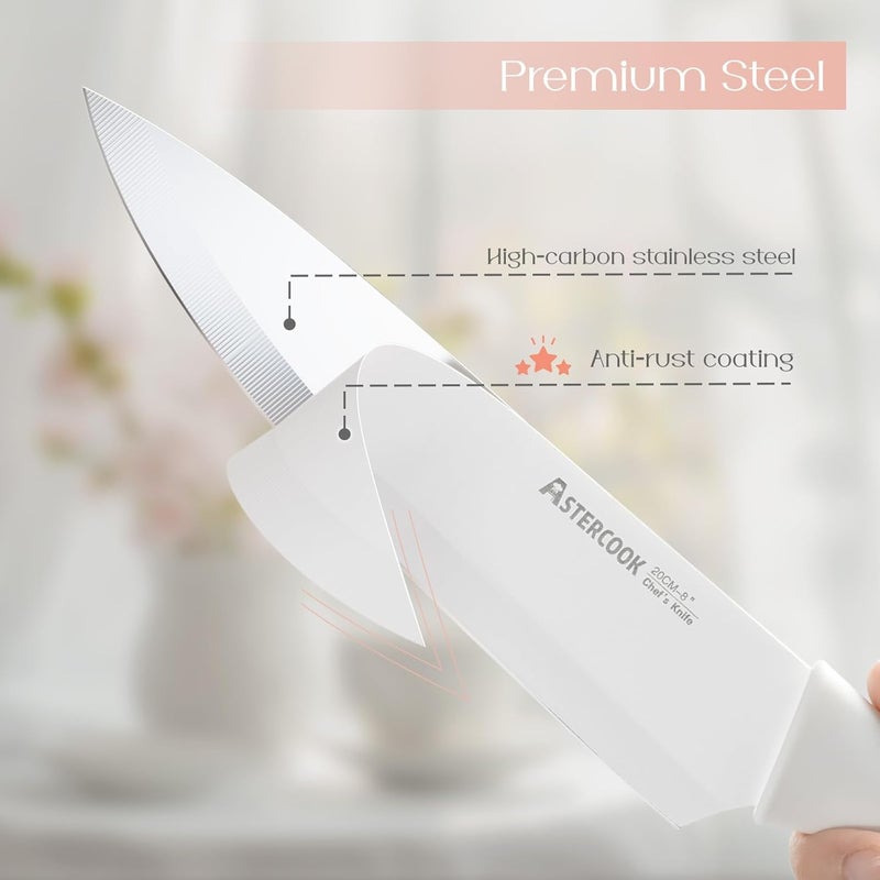 Astercook Knife Set for Kitchen 15 Piece with Block and Sharpener Kitchen Knives with Ceramic Coating Sharp Blade Dishwasher Safe Deba Knives with Anti-slip Ergonomic Handle, Elegant White - Image 2