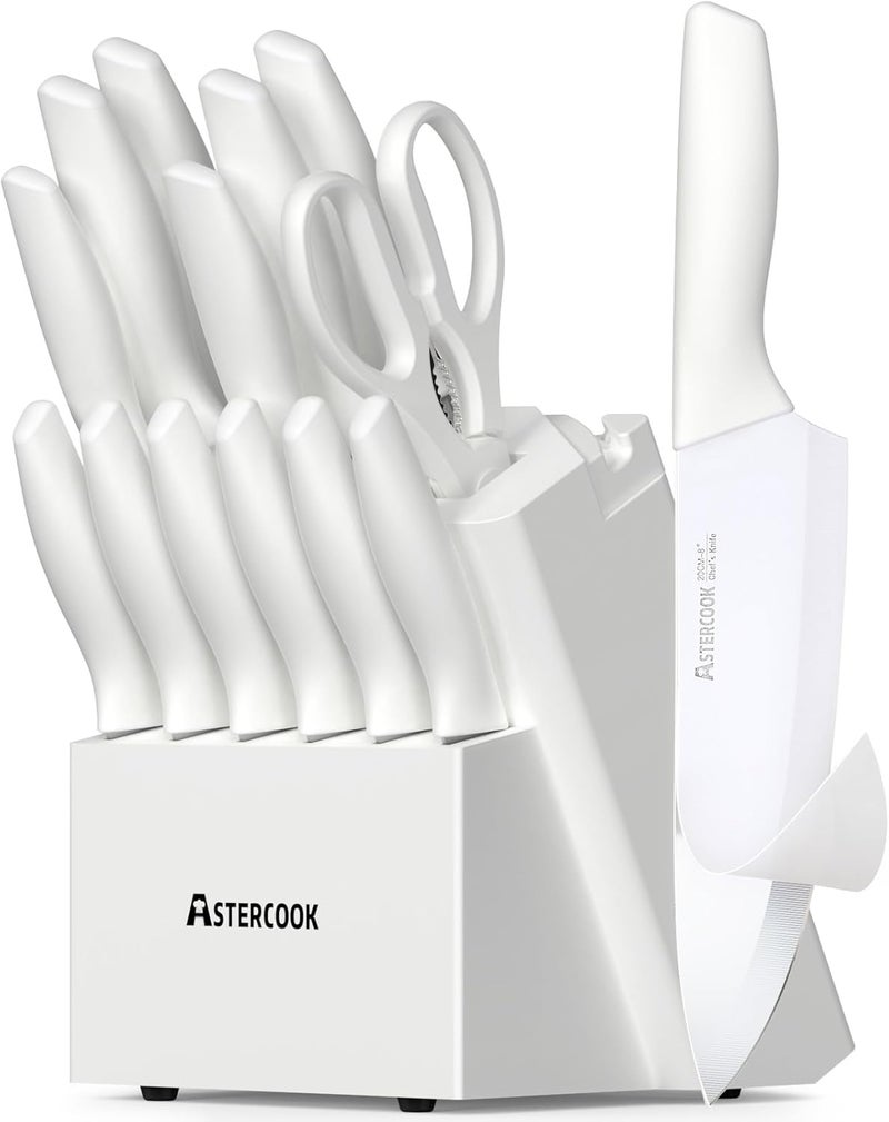 Astercook Knife Set for Kitchen 15 Piece with Block and Sharpener Kitchen Knives with Ceramic Coating Sharp Blade Dishwasher Safe Deba Knives with Anti-slip Ergonomic Handle, Elegant White - Image 1