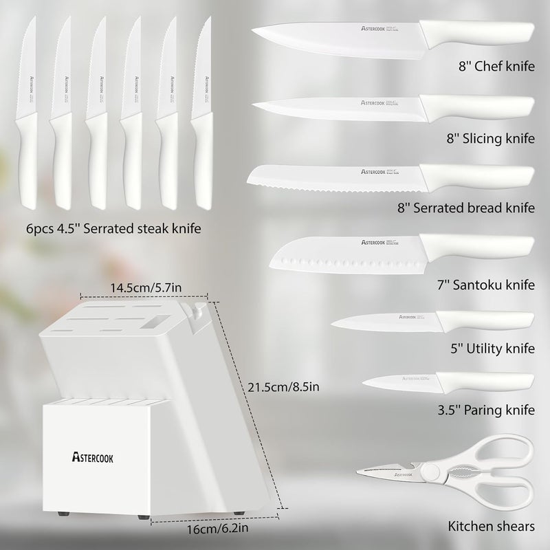 Astercook Knife Set for Kitchen 15 Piece with Block and Sharpener Kitchen Knives with Ceramic Coating Sharp Blade Dishwasher Safe Deba Knives with Anti-slip Ergonomic Handle, Elegant White - Image 5