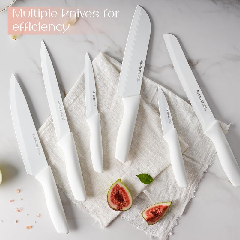 Astercook Knife Set for Kitchen 15 Piece with Block and Sharpener Kitchen Knives with Ceramic Coating Sharp Blade Dishwasher Safe Deba Knives with Anti-slip Ergonomic Handle, Elegant White - Image 4