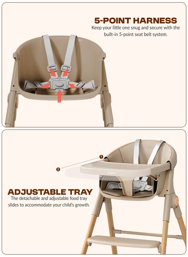 BAYBEE Premium 3-in-1 Convertible Baby High Chair for Kids | Toddler Dining Feeding Chair with Adjustable Height & 5-Point Safety Harness | Baby Chair with Adjustable Tray | Kids High Chair for Baby for 6 Months to 4 Years Boy Girl Beige - Image 5
