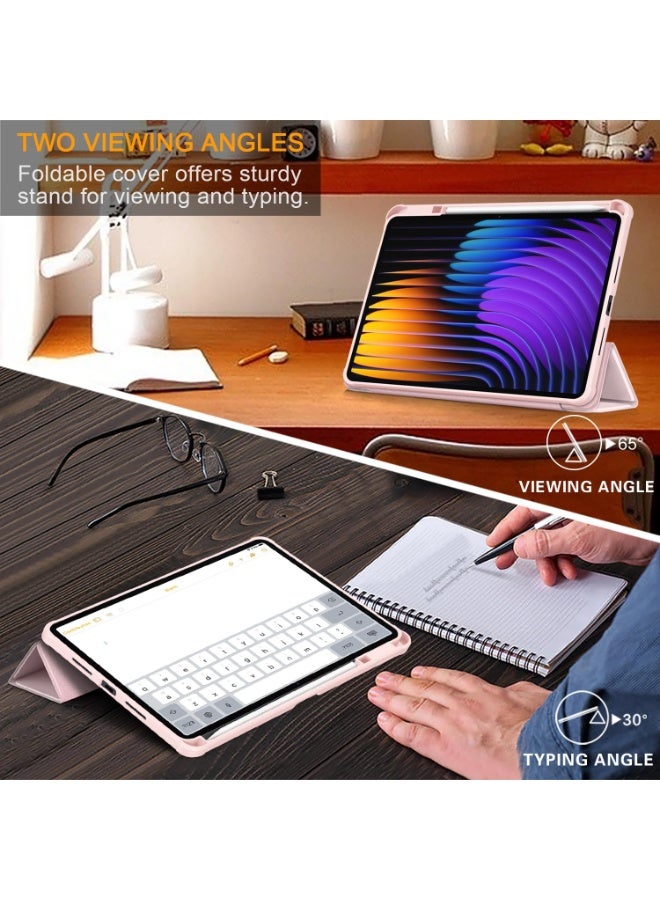 إيفو جراب متوافق مع جهاز Xiaomi Pad 7/7 Pro 11.2 بوصة (إصدار 2024)، غطاء ثلاثي الطي نحيف مقاوم للصدمات مع غطاء خلفي شفاف صلب وحامل قلم، غطاء ذكي بخاصية التشغيل/الإيقاف التلقائي، لون وردي - Image 5
