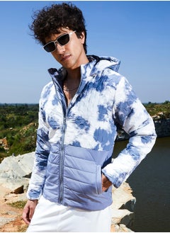 Campus Sutra Men's White & Light Grey Tie-Dye Block Puffer Jacket  - Image 1