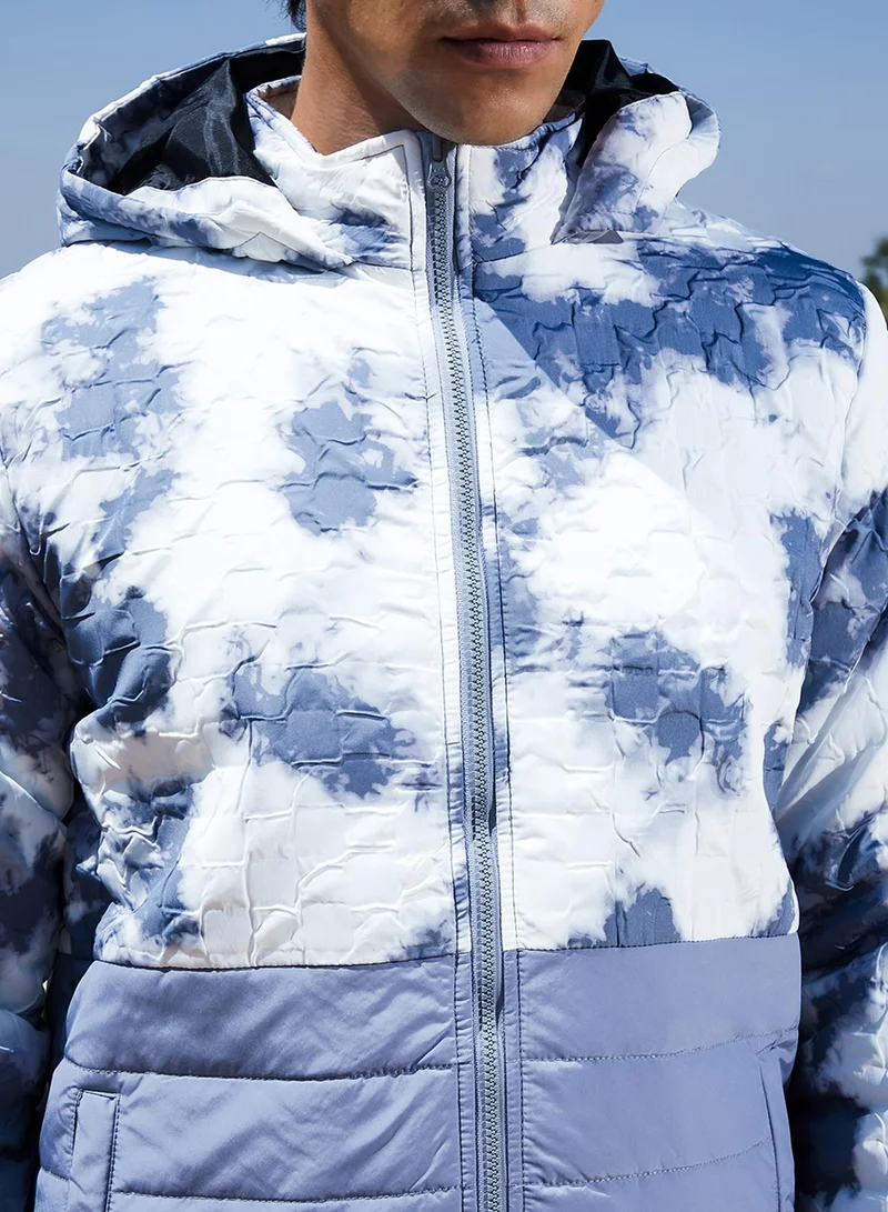 Campus Sutra Men's White & Light Grey Tie-Dye Block Puffer Jacket