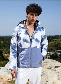 Campus Sutra Men's White & Light Grey Tie-Dye Block Puffer Jacket  - Image 2