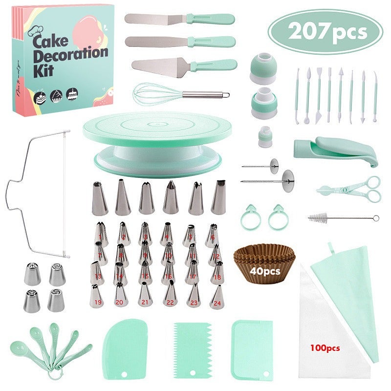 New Nordic Color Cake Turntable Set 207 Pieces Baking Spatula Puff Pastry Nozzle Piping Bag