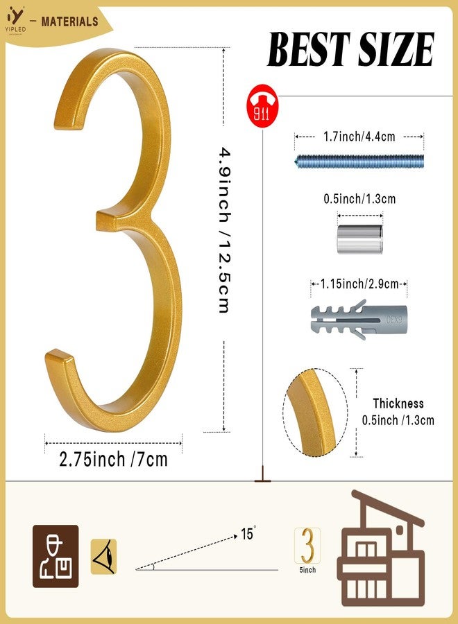 YIPLED 5 Inch House Numbers for Outside, Metal Address Number 3 - Modern Design, Weather-Resistant Gold Powder Coated Finish, No Fading (Gold) - Image 3
