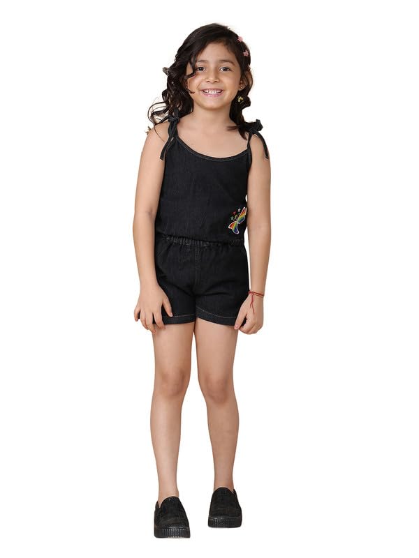 superminis Girls Denim Embroidery Sleeveless Co-ord Set Crop Top With Shorts Kids Clothing Set (Black, 2-3 Years) - Image 1