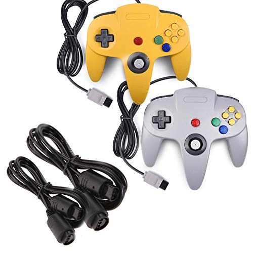 miadore 2 Pack Classic N64 Controllers (Yellow/Gray) Bundle with 2 Pack 6FT N64 Controller Extension Cable - Image 1