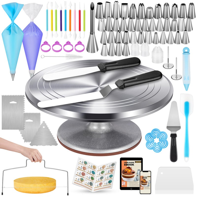 Kootek 180 Pcs Cake Decorating Kits Supplies - Aluminium Alloy Revolving Cake Turntable, Numbered Cake Decorating Tips and Frosting Tools for Baking Cupcake Cookie Muffin Kitchen Utensils - Image 1