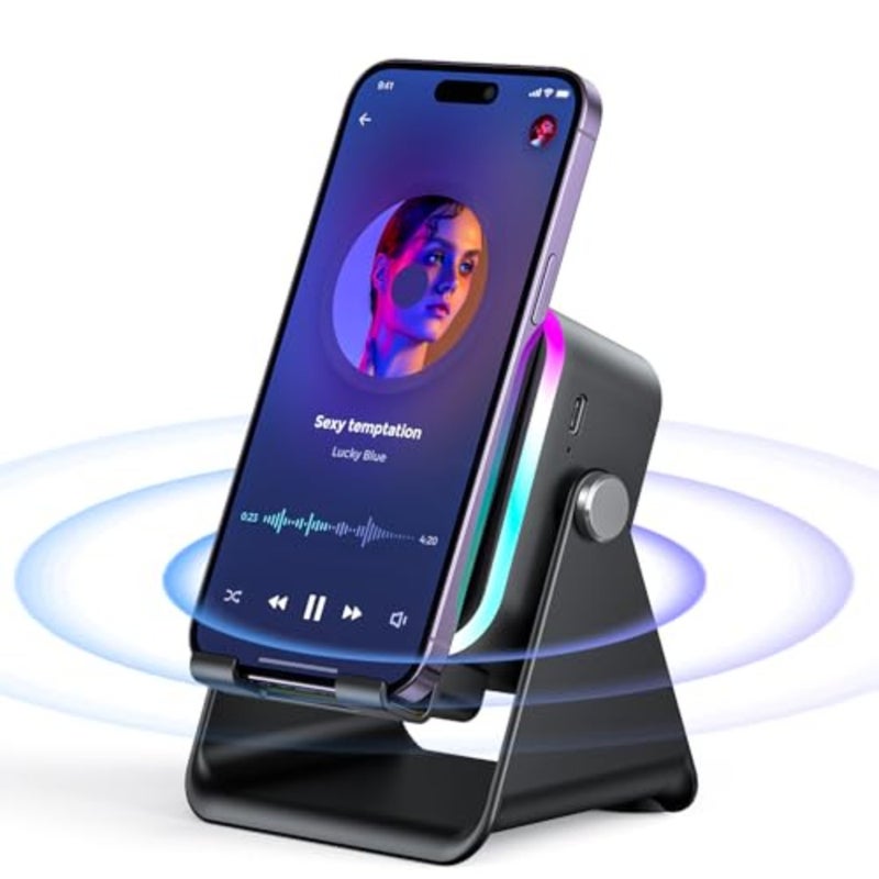 مكبر صوت حثي مع حامل هاتف 5 في 1 صوت بلوتوث لاسلكي لهواتف iPhone وAndroid مع ضوء ملون قابل لإعادة الشحن، هدايا عيد ميلاد للرجال والنساء والمراهقين باللون الأسود - Image 1