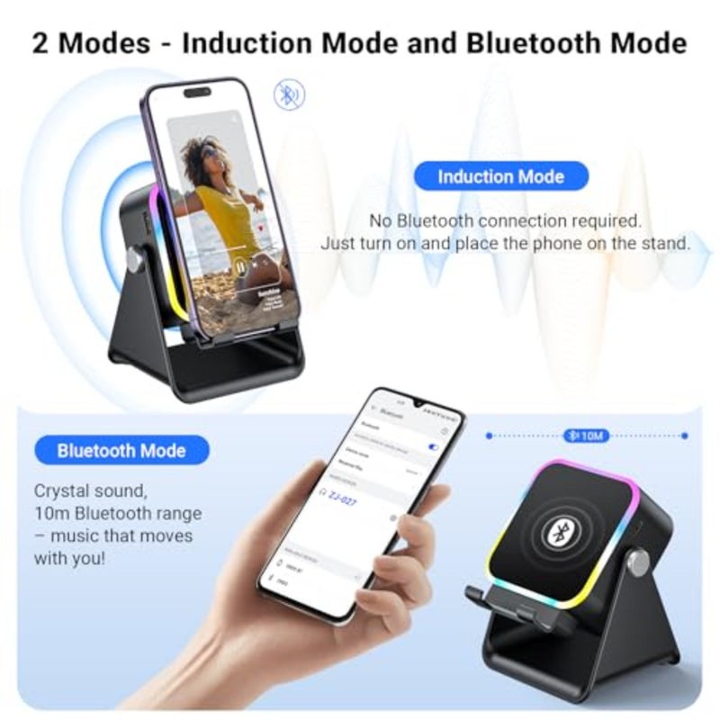 مكبر صوت حثي مع حامل هاتف 5 في 1 صوت بلوتوث لاسلكي لهواتف iPhone وAndroid مع ضوء ملون قابل لإعادة الشحن، هدايا عيد ميلاد للرجال والنساء والمراهقين باللون الأسود - Image 3