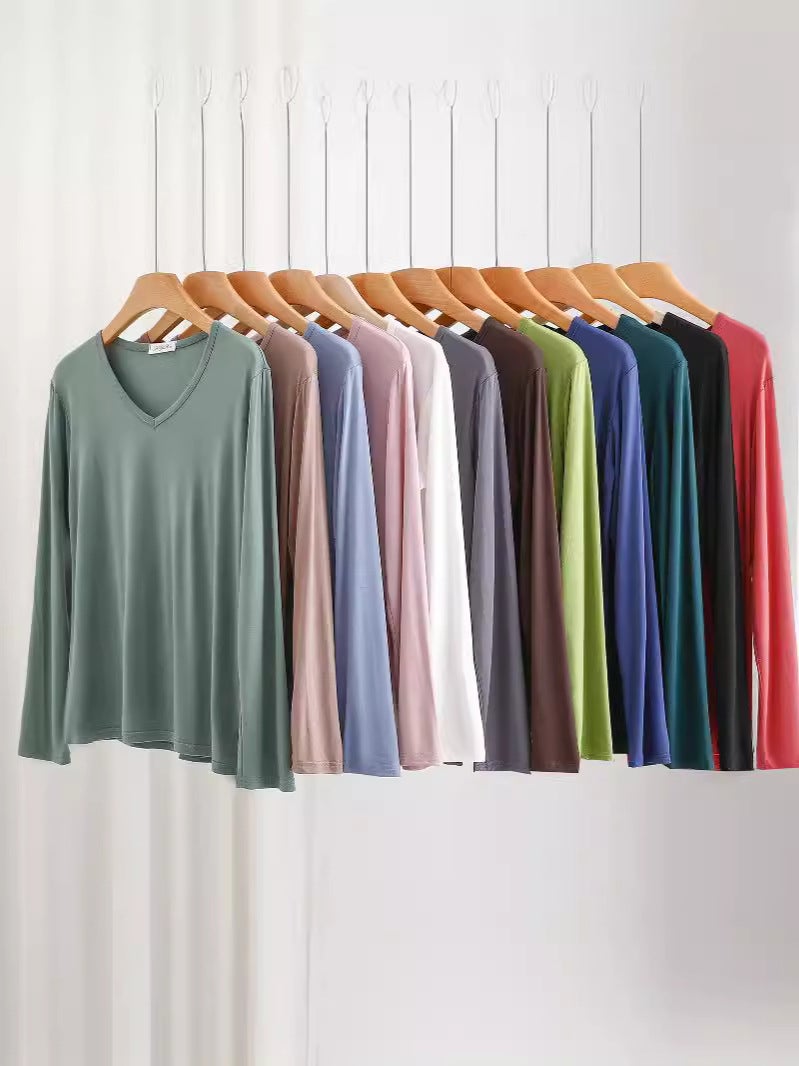 Bit Cotton V Neck Long-Sleeved T-Shirt For Women Loose Large Size Thin Inner Layering Shirt Pure Color Sun Protection Outer Top - Image 2
