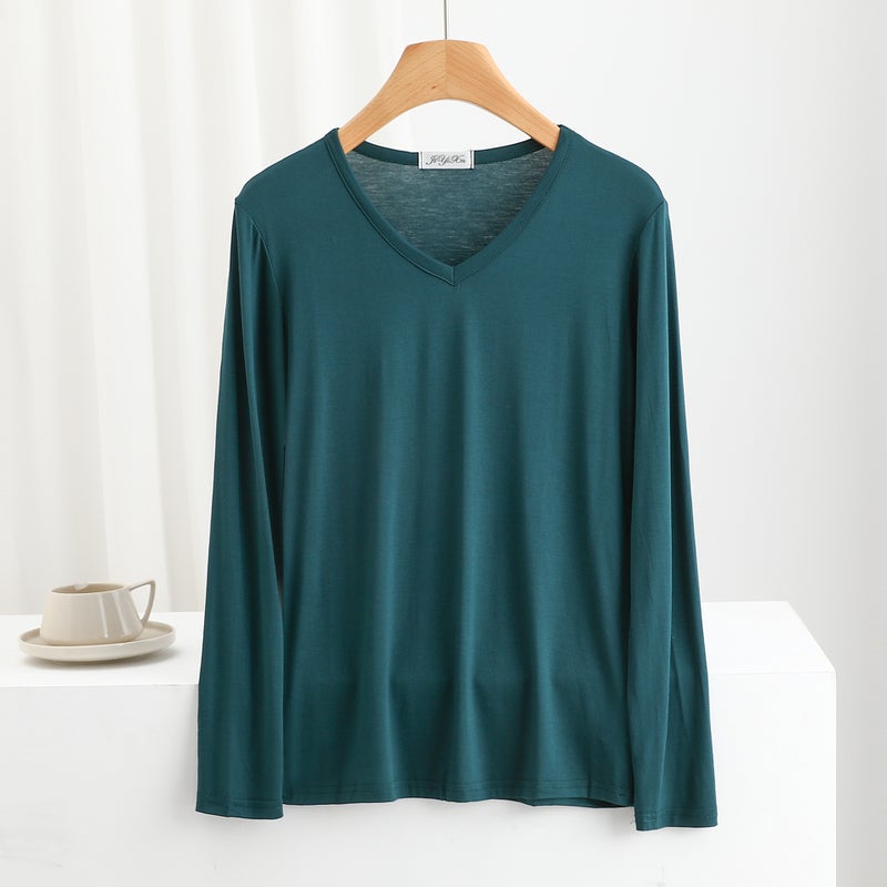 Bit Cotton V Neck Long-Sleeved T-Shirt For Women Loose Large Size Thin Inner Layering Shirt Pure Color Sun Protection Outer Top - Image 1