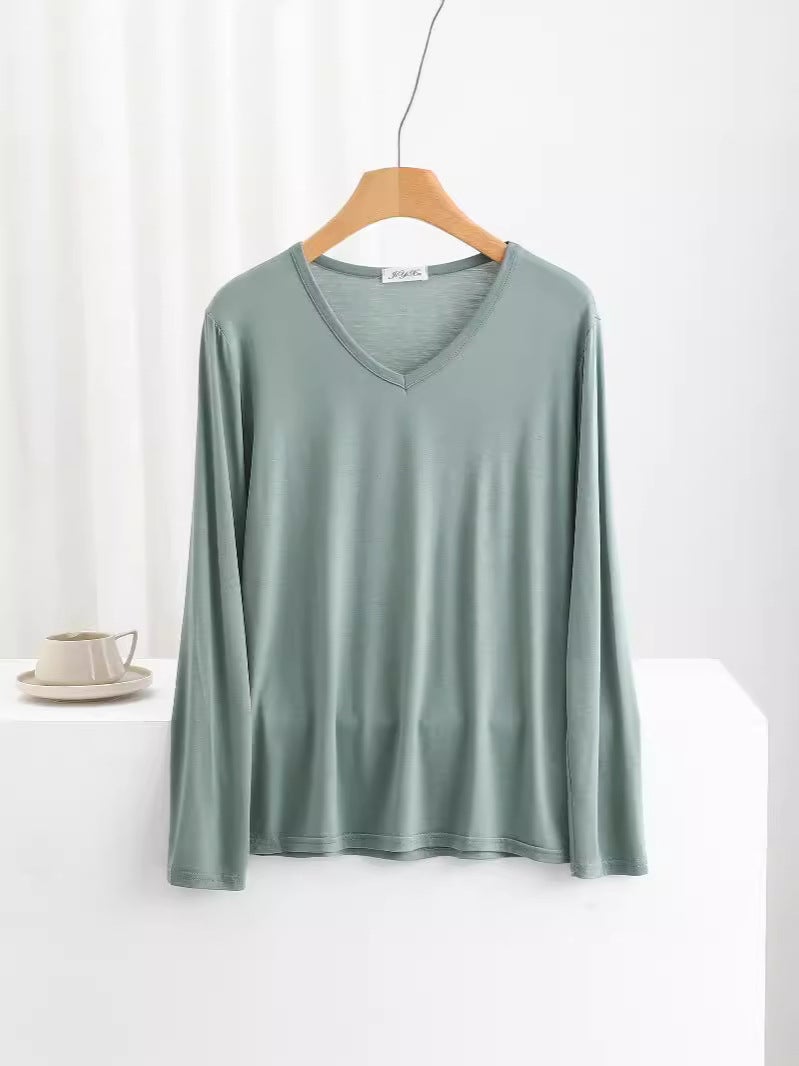 Bit Cotton V Neck Long-Sleeved T-Shirt For Women Loose Large Size Thin Inner Layering Shirt Pure Color Sun Protection Outer Top - Image 5