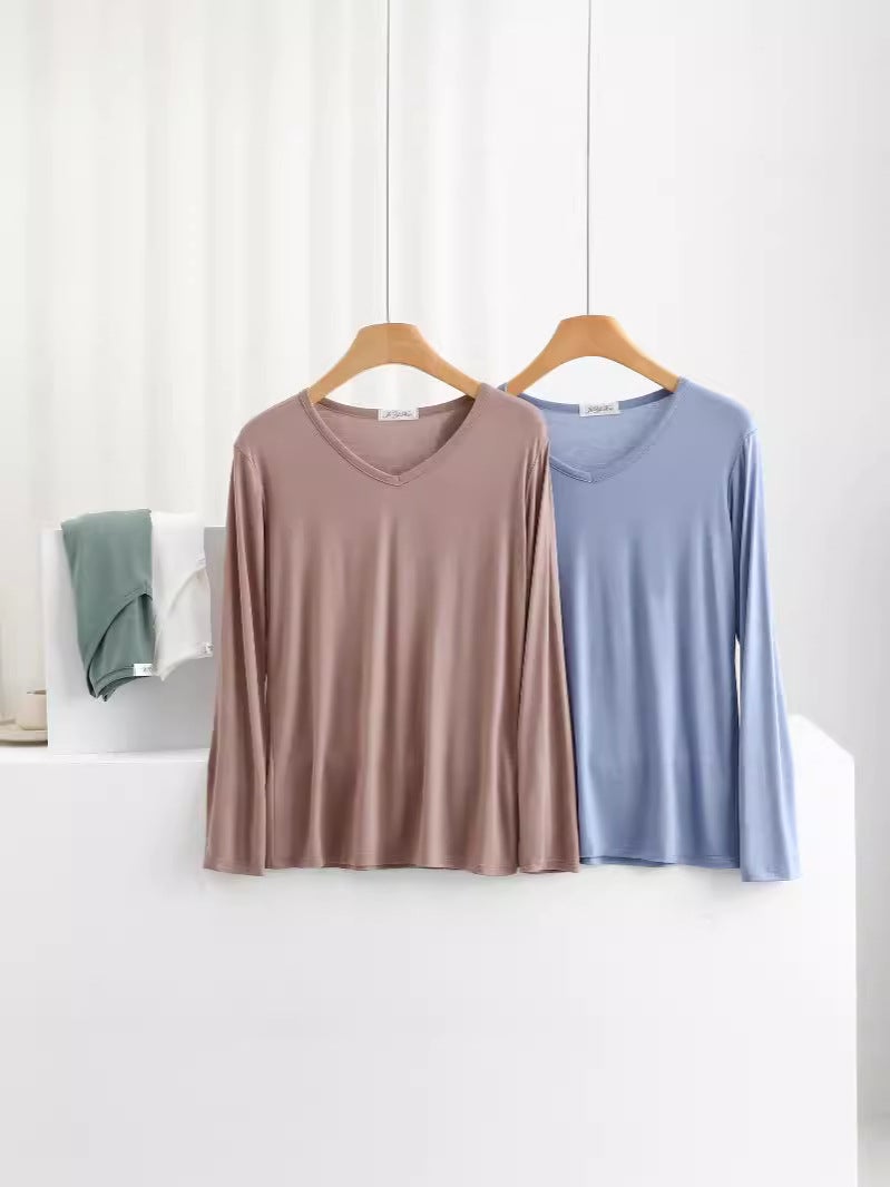 Bit Cotton V Neck Long-Sleeved T-Shirt For Women Loose Large Size Thin Inner Layering Shirt Pure Color Sun Protection Outer Top - Image 3