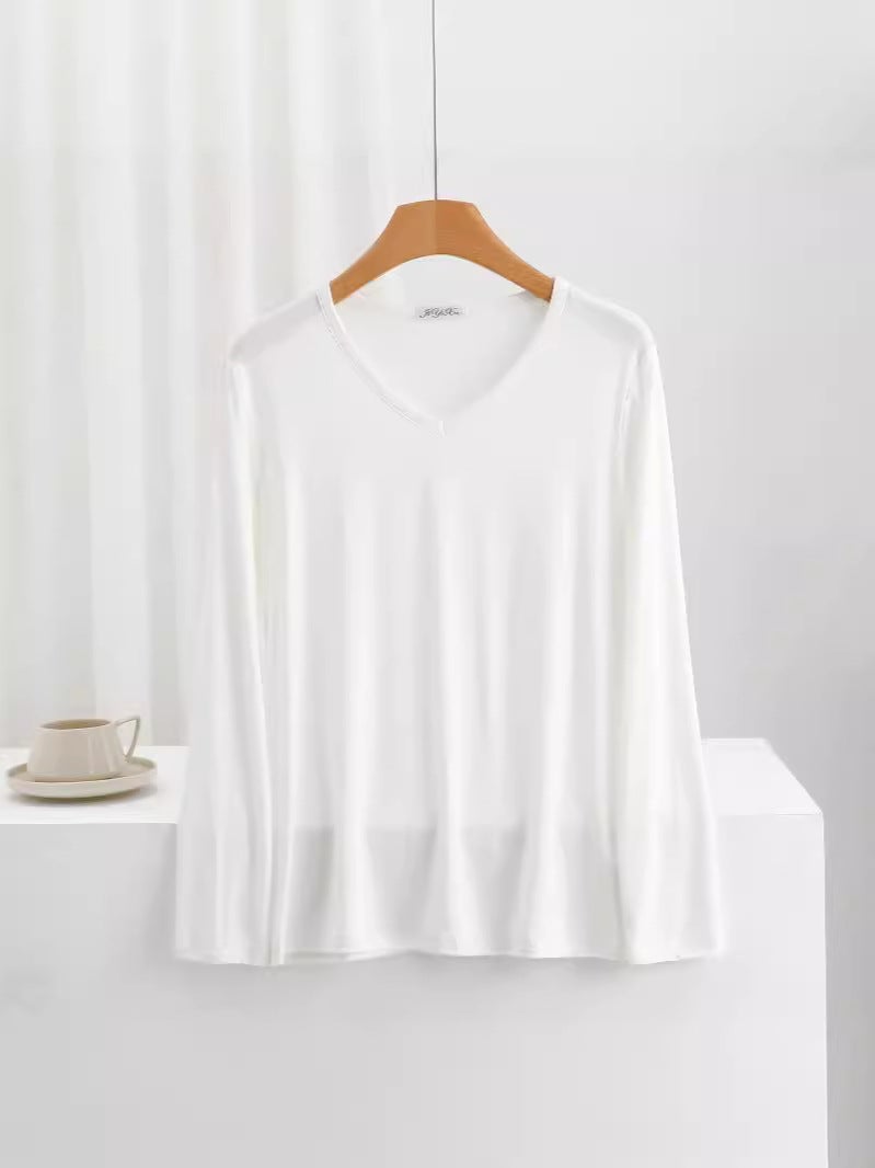 Bit Cotton V Neck Long-Sleeved T-Shirt For Women Loose Large Size Thin Inner Layering Shirt Pure Color Sun Protection Outer Top - Image 4
