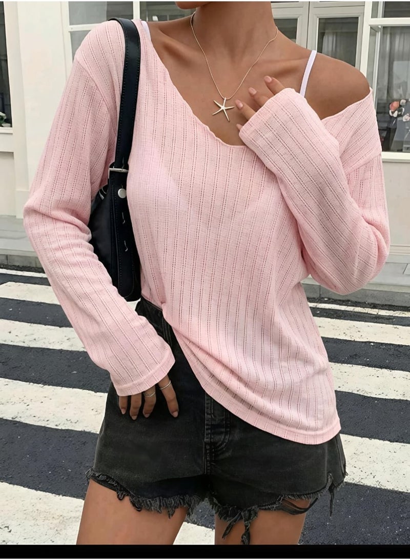DAZY Women's Loose Fit Deep V-Neck Long Sleeve Sheer Casual Top - Image 1