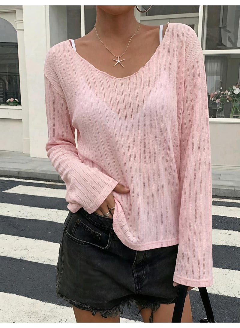 DAZY Women's Loose Fit Deep V-Neck Long Sleeve Sheer Casual Top - Image 2