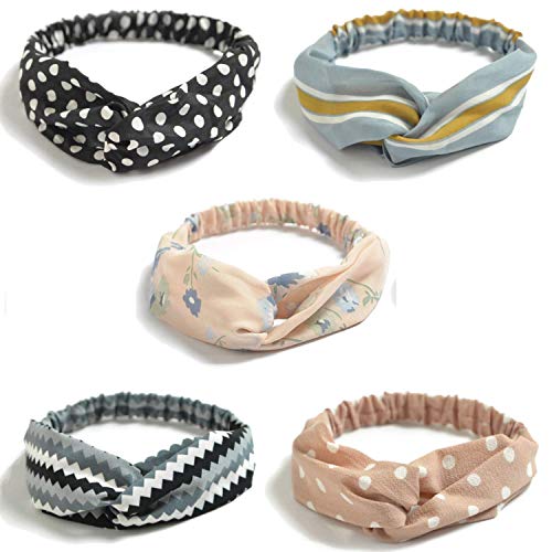 FAVELA Soft Fabric Headbands for Women | Criss Cross Turban Korean Knotted Boho Stretchy Headwrap Scarf Headwrap Bandana | Workout Head Wraps | Stylish Hair Accessories for Girls, Assorted (Set of 5) - Image 1